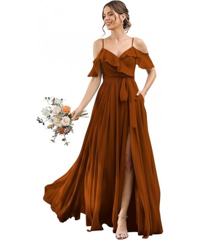 Women's Bridesmaid Dresses with Slit Long Cold Shoulder Chiffon Formal Party Dress with Pockets YJ102 Burnt Orange $33.60 Dre...