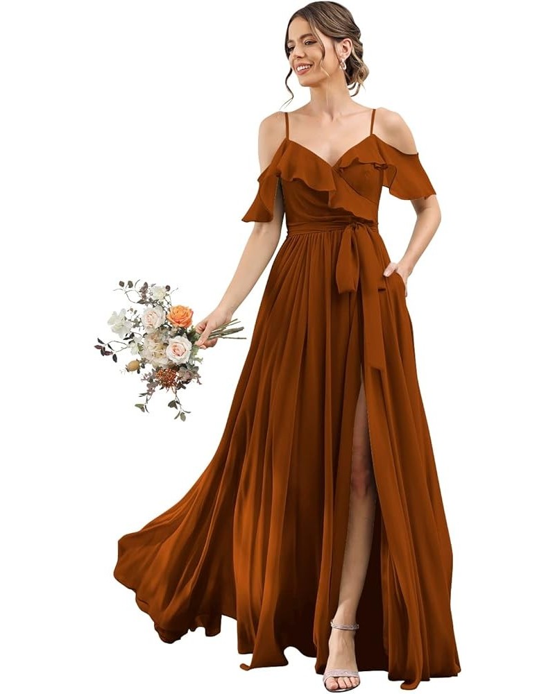 Women's Bridesmaid Dresses with Slit Long Cold Shoulder Chiffon Formal Party Dress with Pockets YJ102 Burnt Orange $33.60 Dre...