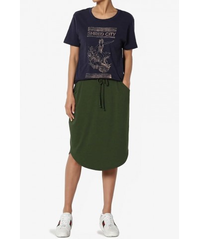 Women's Drawstring Elastic Waist Dolphin Hem Stretch Jersey Pocket Midi Skirt Army Green $10.34 Skirts