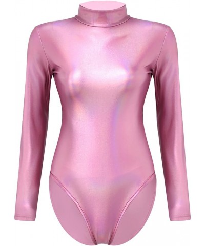 Womens Shiny Leather Long Sleeve Gymnastic Dance Leotard Bodysuit Leotard Tops Clubwear High Neck Pink $10.42 Bodysuits