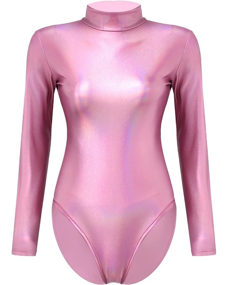 Womens Shiny Leather Long Sleeve Gymnastic Dance Leotard Bodysuit Leotard Tops Clubwear High Neck Pink $10.42 Bodysuits