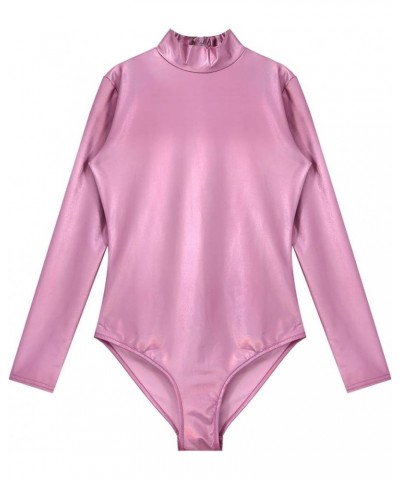 Womens Shiny Leather Long Sleeve Gymnastic Dance Leotard Bodysuit Leotard Tops Clubwear High Neck Pink $10.42 Bodysuits