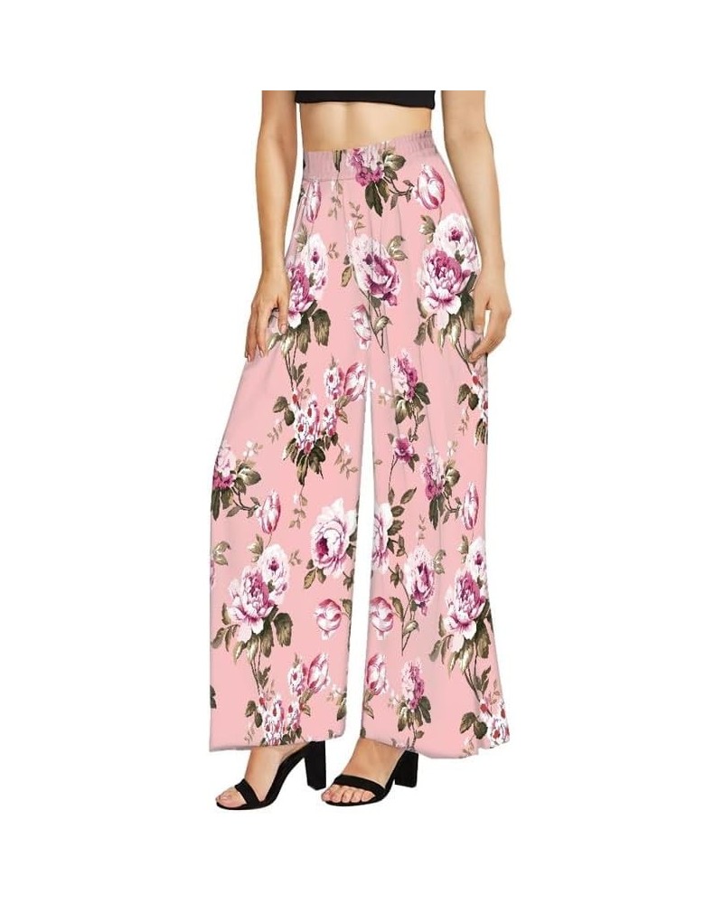 Women Casual High Waisted Palazzo Pants Van Gogh Art, Boho Peacock Comfy Wide Leg Pants Soft Pjs for Women Oversized Pink Peo...