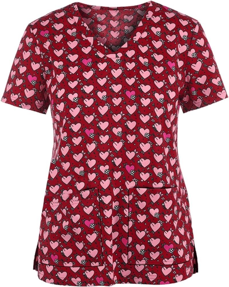 Women's Scrub Tops Cute Animal Print Short Sleeve V Neck Shirts Anti Wrinkle Nursing Uniform Tops with Pockets 14-red $8.61 Tops