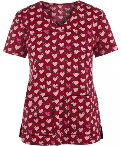 Women's Scrub Tops Cute Animal Print Short Sleeve V Neck Shirts Anti Wrinkle Nursing Uniform Tops with Pockets 14-red $8.61 Tops