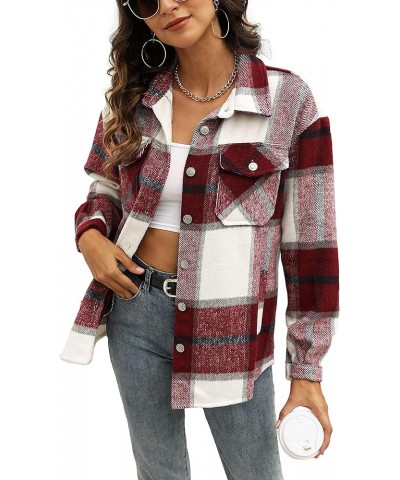 Womens Flannel Plaid Shacket Wool Blend Button Down Shirt Fall Fashion Jacket 01 Winered $23.39 Blouses