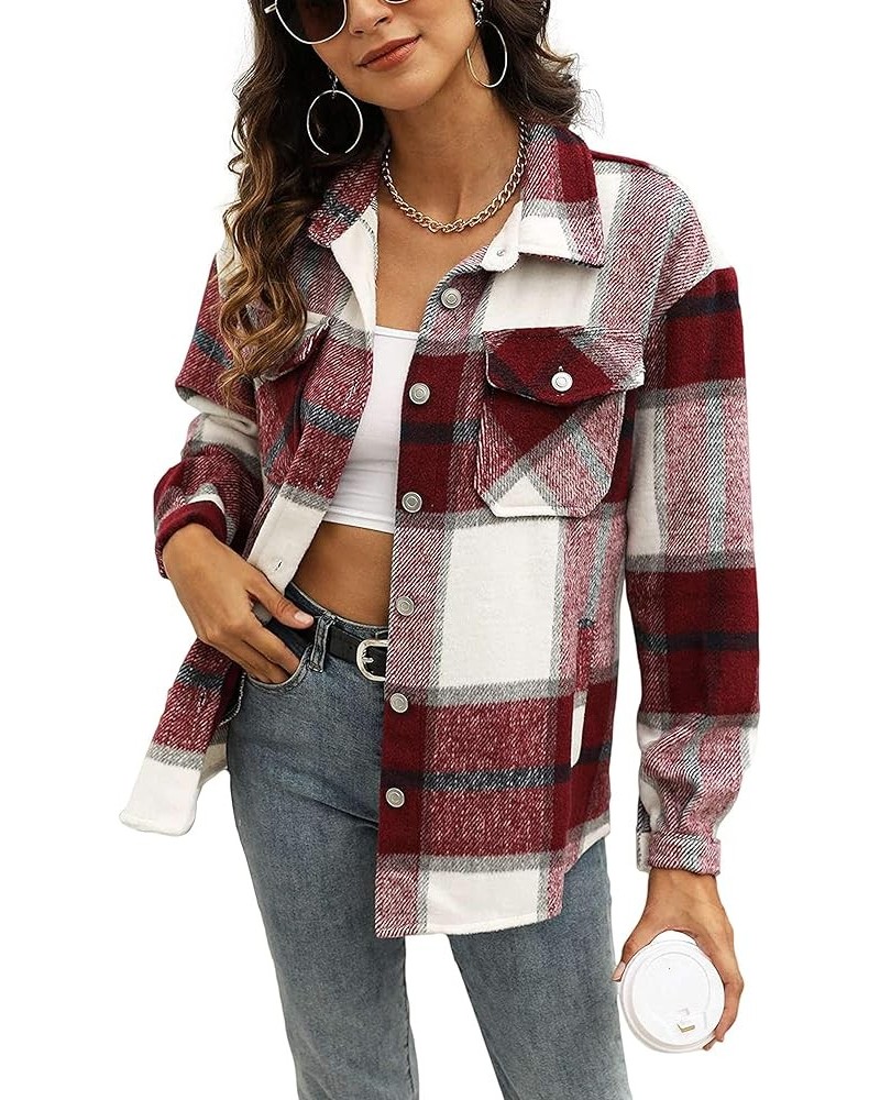 Womens Flannel Plaid Shacket Wool Blend Button Down Shirt Fall Fashion Jacket 01 Winered $23.39 Blouses