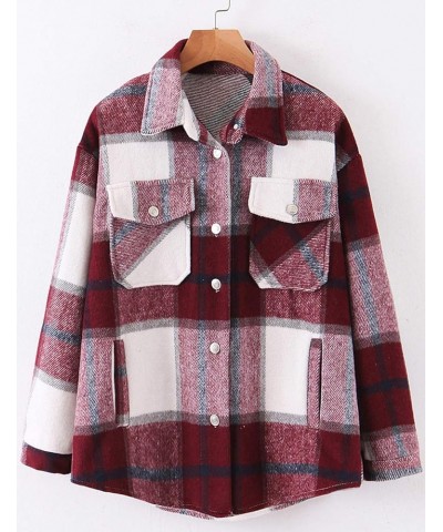 Womens Flannel Plaid Shacket Wool Blend Button Down Shirt Fall Fashion Jacket 01 Winered $23.39 Blouses