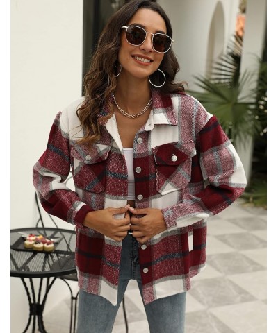 Womens Flannel Plaid Shacket Wool Blend Button Down Shirt Fall Fashion Jacket 01 Winered $23.39 Blouses