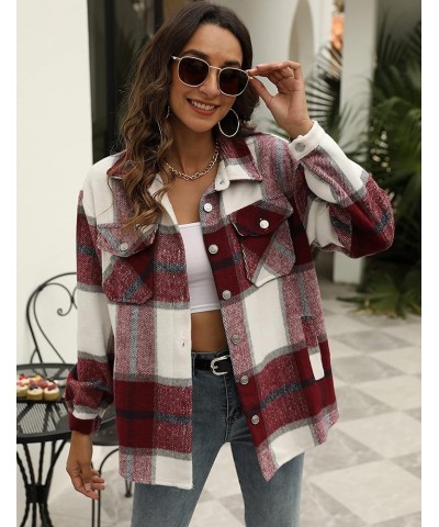 Womens Flannel Plaid Shacket Wool Blend Button Down Shirt Fall Fashion Jacket 01 Winered $23.39 Blouses