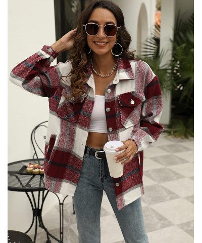 Womens Flannel Plaid Shacket Wool Blend Button Down Shirt Fall Fashion Jacket 01 Winered $23.39 Blouses