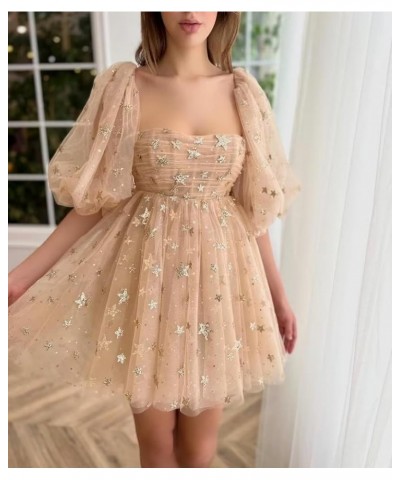 Women's Sparkly Starry Tulle Prom Dresses Puffy Sleeve Long Glitter Star Tea Length Formal Evening Party Gown Knee Length-dus...