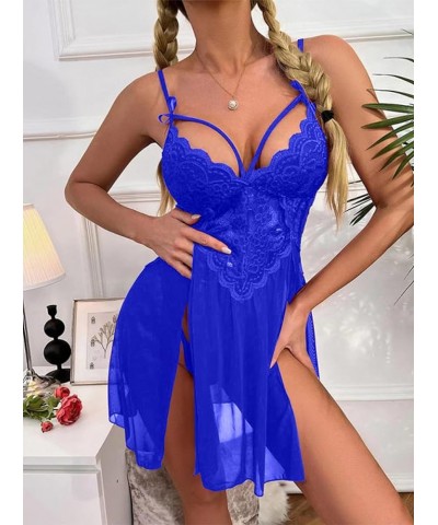 Women's Lace V Neck Lingerie Babydoll Sleeveless Nightwear Sexy Strap Chemise Sleepwear Blue $8.00 Lingerie