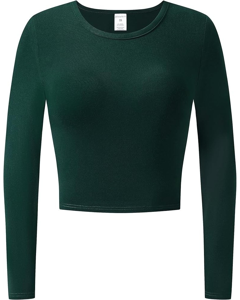 Women's Long Sleeve Crew Neck Crop Top Basic Comfy Stretch Tee Deep Forest Green $10.56 T-Shirts