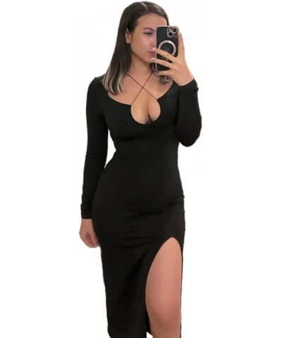 Women's High Slit Long Sleeve Bodycon Midi Dress Black $14.19 Dresses