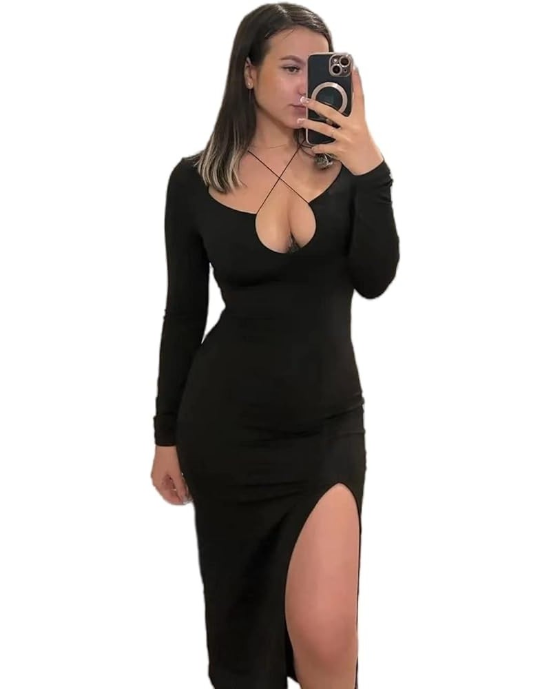 Women's High Slit Long Sleeve Bodycon Midi Dress Black $14.19 Dresses