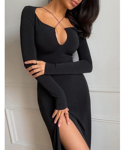 Women's High Slit Long Sleeve Bodycon Midi Dress Black $14.19 Dresses