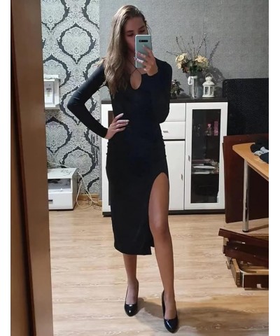 Women's High Slit Long Sleeve Bodycon Midi Dress Black $14.19 Dresses