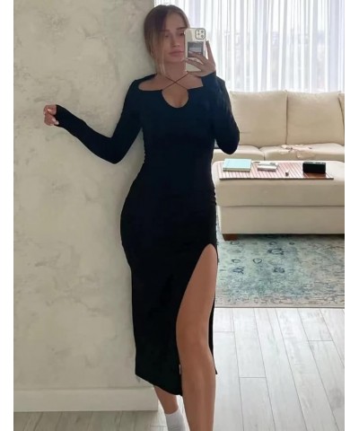 Women's High Slit Long Sleeve Bodycon Midi Dress Black $14.19 Dresses