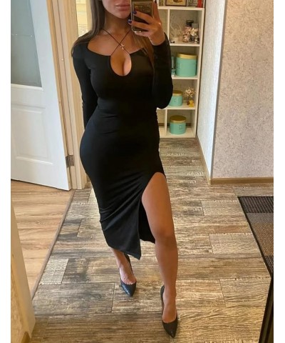 Women's High Slit Long Sleeve Bodycon Midi Dress Black $14.19 Dresses