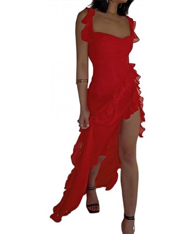 Womens Spaghetti Strap High Slit Bodycon Maxi Dress Square Neck Backless Party Club Dress Red $24.29 Dresses