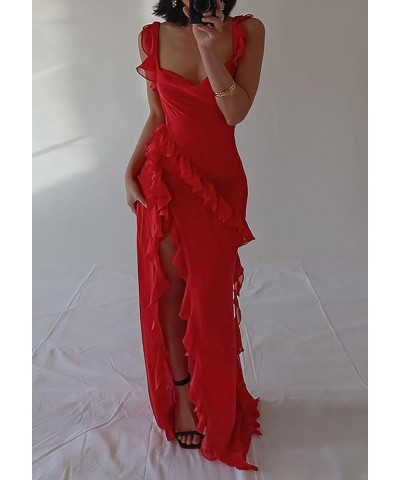 Womens Spaghetti Strap High Slit Bodycon Maxi Dress Square Neck Backless Party Club Dress Red $24.29 Dresses