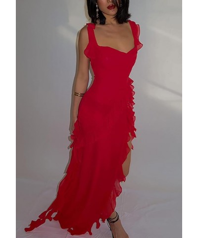 Womens Spaghetti Strap High Slit Bodycon Maxi Dress Square Neck Backless Party Club Dress Red $24.29 Dresses