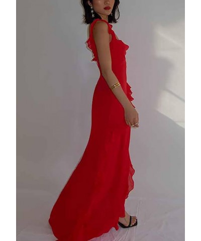 Womens Spaghetti Strap High Slit Bodycon Maxi Dress Square Neck Backless Party Club Dress Red $24.29 Dresses