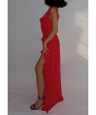 Womens Spaghetti Strap High Slit Bodycon Maxi Dress Square Neck Backless Party Club Dress Red $24.29 Dresses