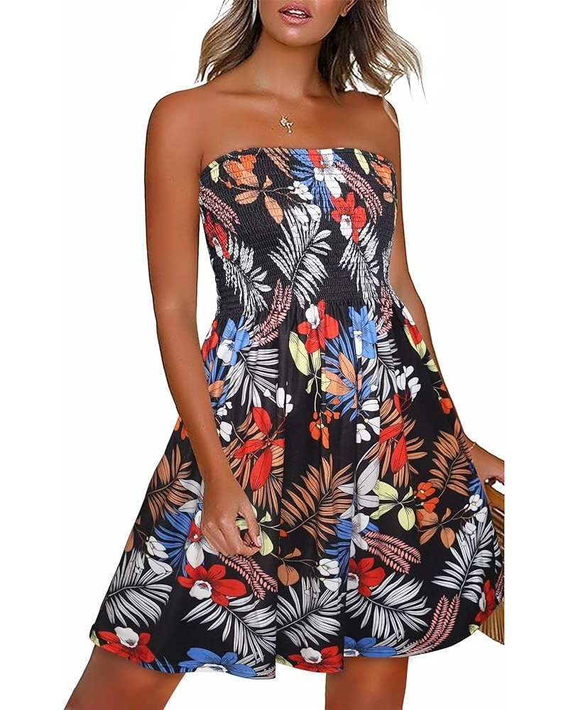 Summer Dresses for Women Beach Cover Ups Strapless Boho Floral Print Sundress Black Plam Floral $13.85 Dresses