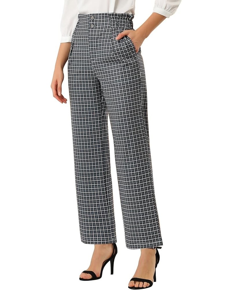 Women's High Waist Casual Plaid Tartan Straight Leg Long Pants Dark Blue $15.36 Pants