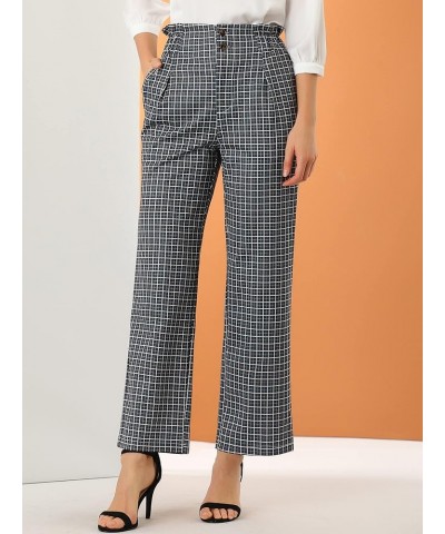 Women's High Waist Casual Plaid Tartan Straight Leg Long Pants Dark Blue $15.36 Pants