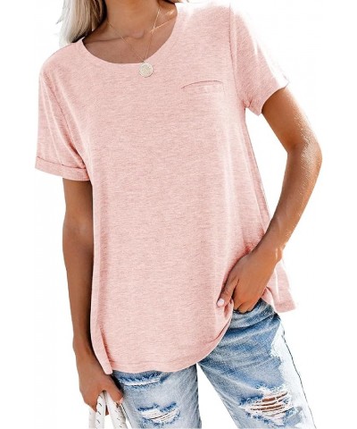 Women's Roll Up Short Sleeve T Shirts Crew Neck Tops Loose Casual Tees with Pocket Pink $11.16 T-Shirts