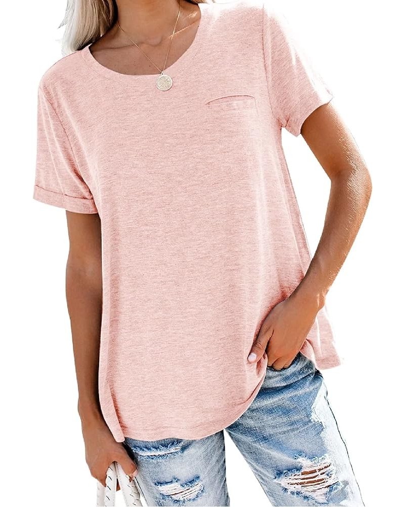 Women's Roll Up Short Sleeve T Shirts Crew Neck Tops Loose Casual Tees with Pocket Pink $11.16 T-Shirts