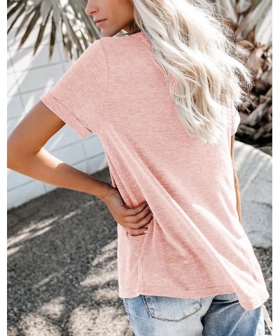 Women's Roll Up Short Sleeve T Shirts Crew Neck Tops Loose Casual Tees with Pocket Pink $11.16 T-Shirts