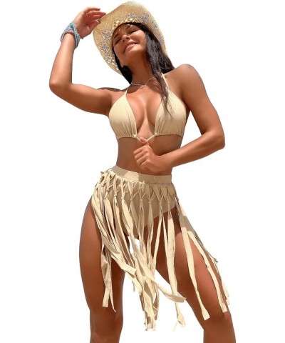 Women's Two Piece Bathing Suit Fringe Halter Bikini Swimsuits Bra and Panty Khaki $13.60 Swimsuits