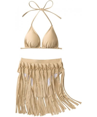 Women's Two Piece Bathing Suit Fringe Halter Bikini Swimsuits Bra and Panty Khaki $13.60 Swimsuits