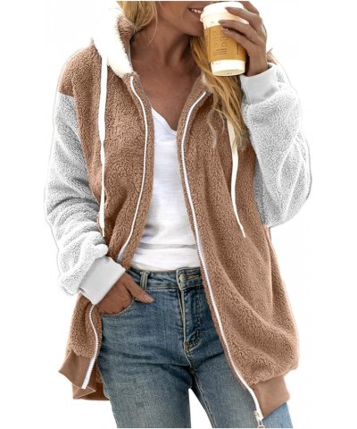 Womens 2023 Winter Fuzzy Fleece Jacket Hooded Color Block Patchwork Cardigan Coats Khaki $9.43 Jackets