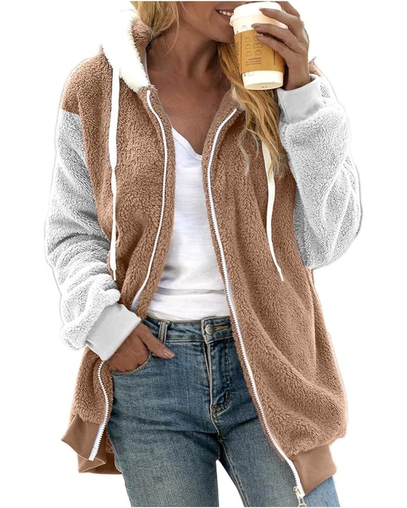 Womens 2023 Winter Fuzzy Fleece Jacket Hooded Color Block Patchwork Cardigan Coats Khaki $9.43 Jackets