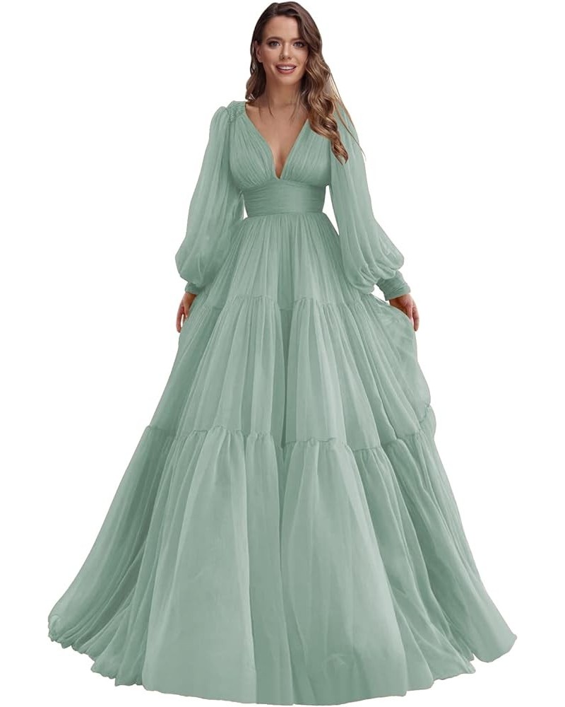 Long Puffy Sleeve Prom Dress V Neck A-Line Ball Gown Chiffon Formal Evening Gowns for Women RS008 Mist $38.47 Dresses