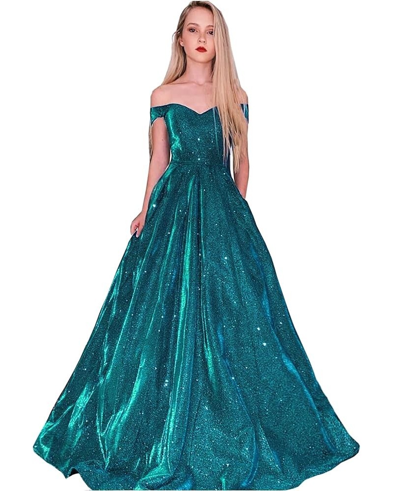 Prom Dresses Long A Line with Pockets Formal Evening Ball Gowns with Sleeves Glitter Party Dress 2024 Teal $38.00 Dresses