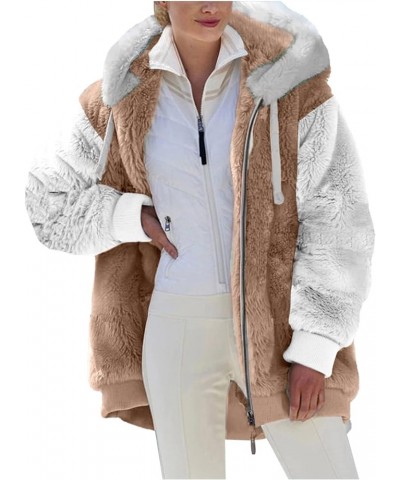 Womens 2023 Winter Fuzzy Fleece Jacket Hooded Color Block Patchwork Cardigan Coats Khaki $9.43 Jackets