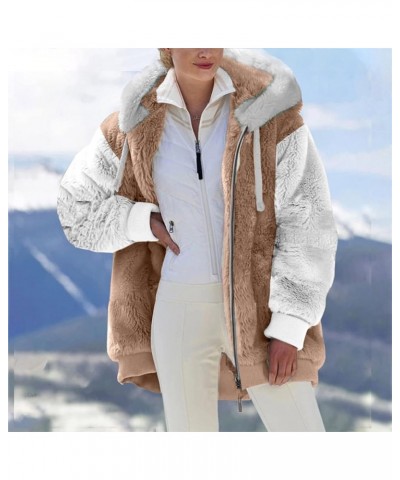 Womens 2023 Winter Fuzzy Fleece Jacket Hooded Color Block Patchwork Cardigan Coats Khaki $9.43 Jackets