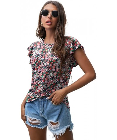 Women's Tops Summer Casual Ruffle Short Sleeves Knit Shirts Round Neck Tunic Top for Women 2024 Fashion Trend Fp Blue Pink Wh...