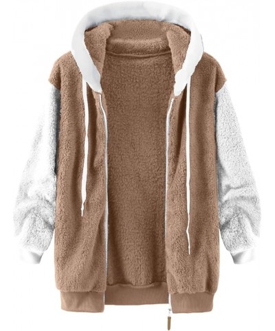 Womens 2023 Winter Fuzzy Fleece Jacket Hooded Color Block Patchwork Cardigan Coats Khaki $9.43 Jackets