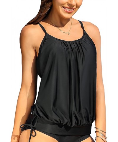 Womens Blouson Tankini Tops Only Loose Fit Swim Top Scoop Neck Bathing Suits Top Padded Swimsuit Top No Bottom Black $19.13 S...