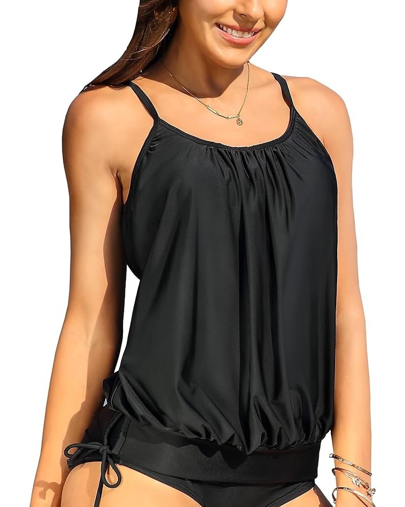 Womens Blouson Tankini Tops Only Loose Fit Swim Top Scoop Neck Bathing Suits Top Padded Swimsuit Top No Bottom Black $19.13 S...