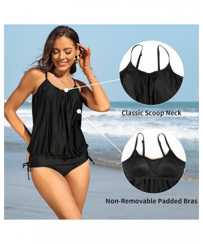 Womens Blouson Tankini Tops Only Loose Fit Swim Top Scoop Neck Bathing Suits Top Padded Swimsuit Top No Bottom Black $19.13 S...