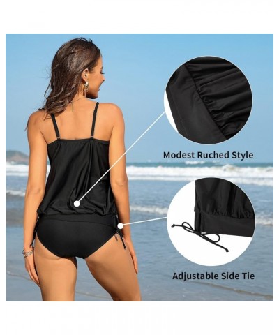 Womens Blouson Tankini Tops Only Loose Fit Swim Top Scoop Neck Bathing Suits Top Padded Swimsuit Top No Bottom Black $19.13 S...