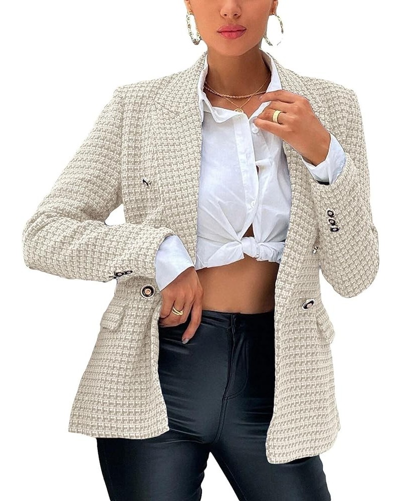 Tweed Blazer for Women Double-Breasted Plaid Coat Long Sleeve Jacket with Pockets Beige $19.80 Blazers